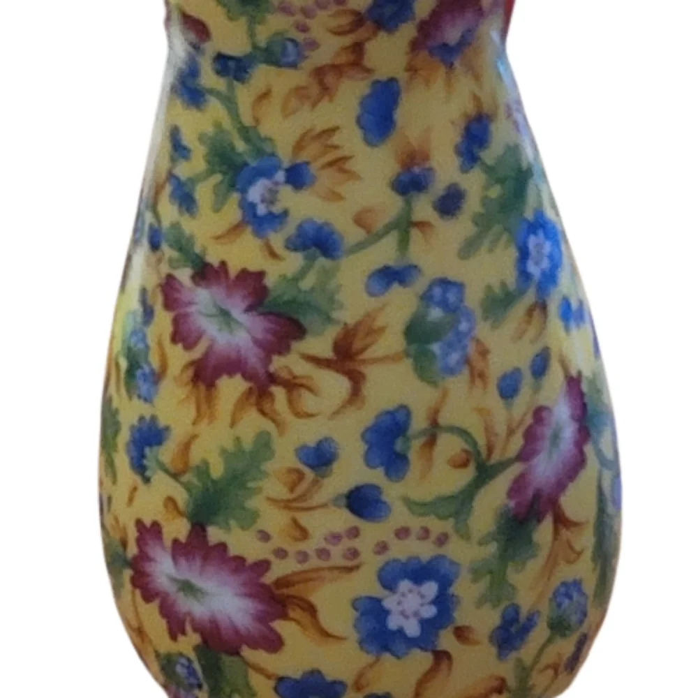 Two’s Company 5.5” FLORAL CHINTZ Bud Vase With Gold Rim yellow blue pink green